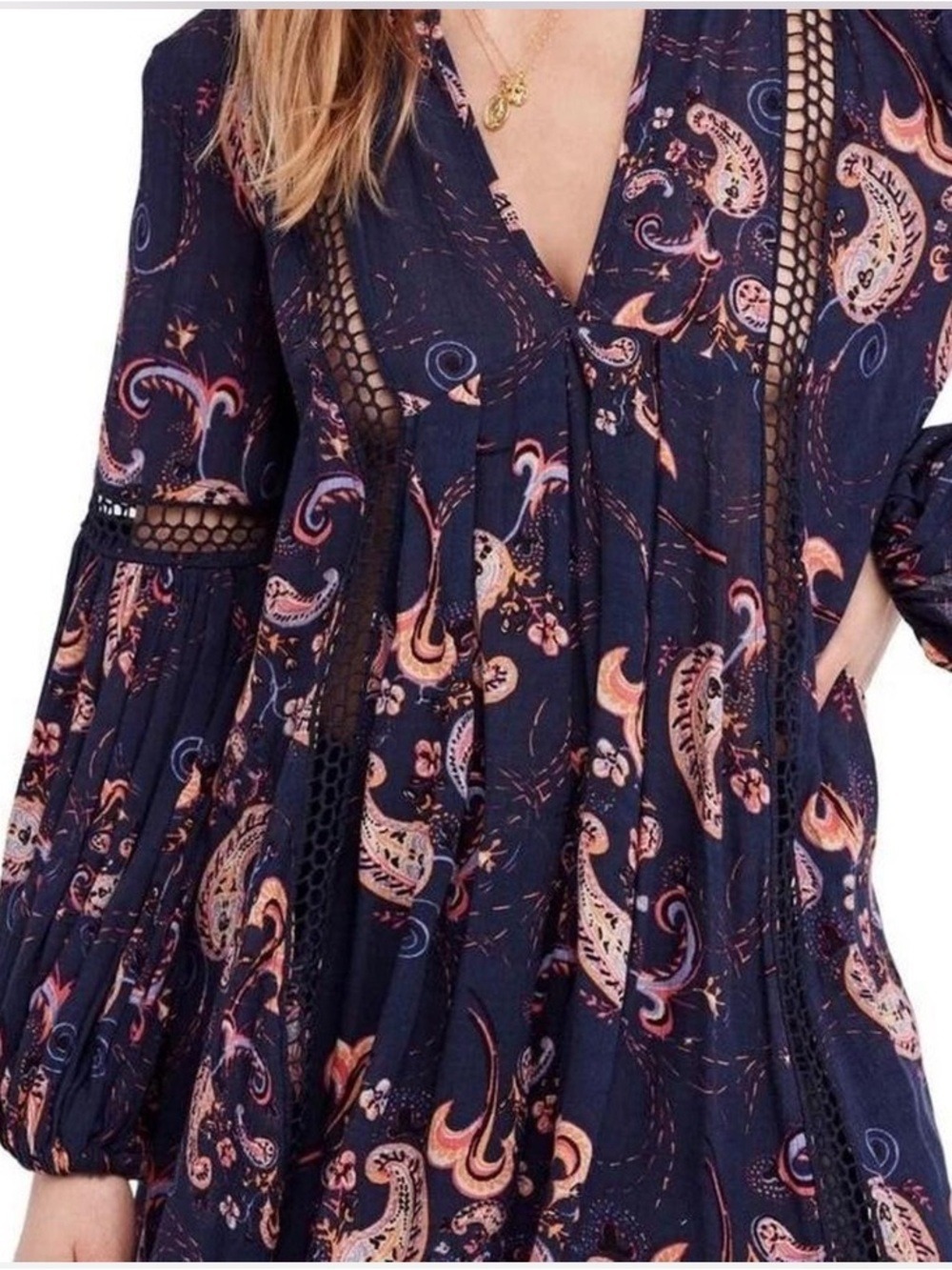 Free People Just The Two Of Us Paisley Babydoll Tunic Crochet Insets Oversize XS - Picture 8 of 8
